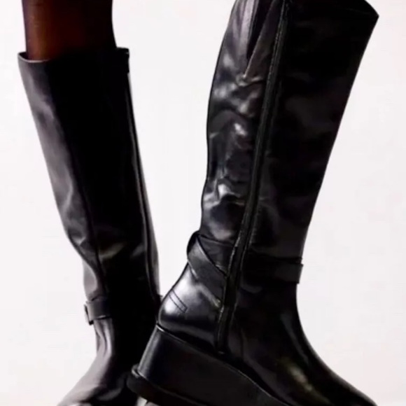 Free People Not For Riding Platform Tall Boot Black Leather Mega Wedge - Picture 12 of 13